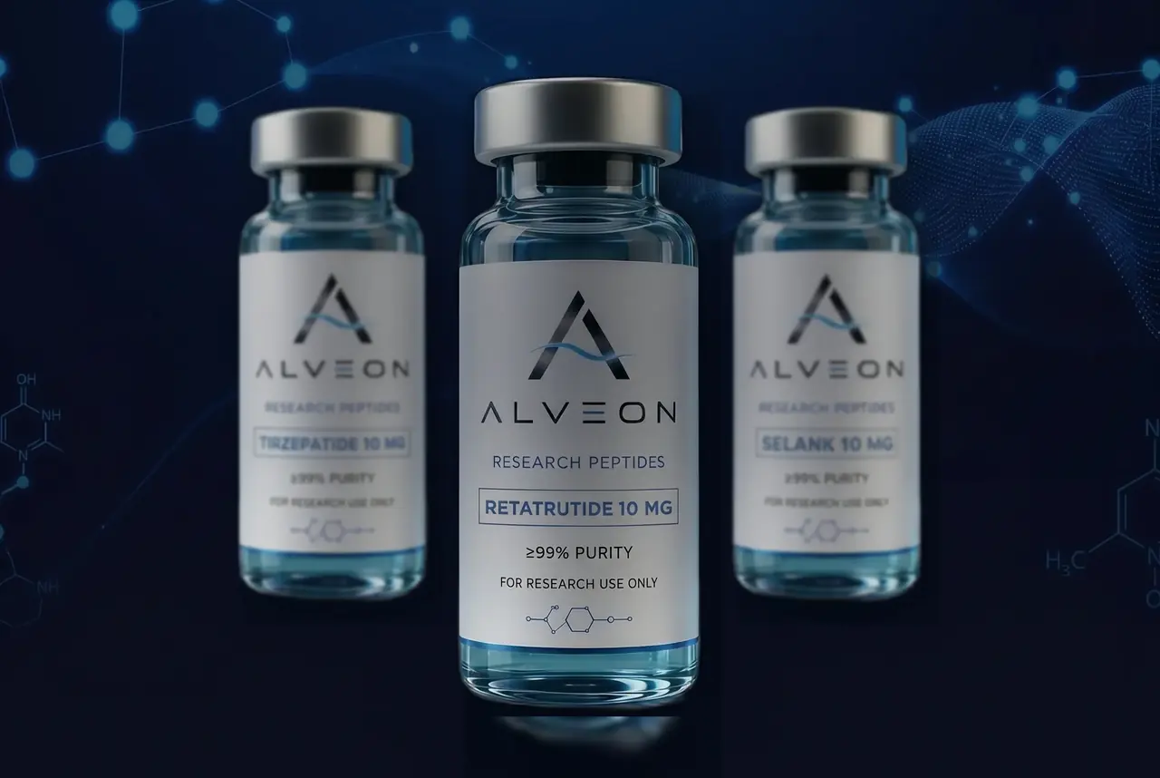 Hero image featuring Alveon research products: Retatrutide 10mg, Tirzepatide 10mg, and Semax 10ml vials